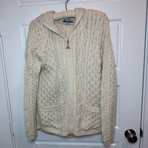 Aran Crafts Ireland Ivory Hooded Cable Knit Cardigan NWOT
